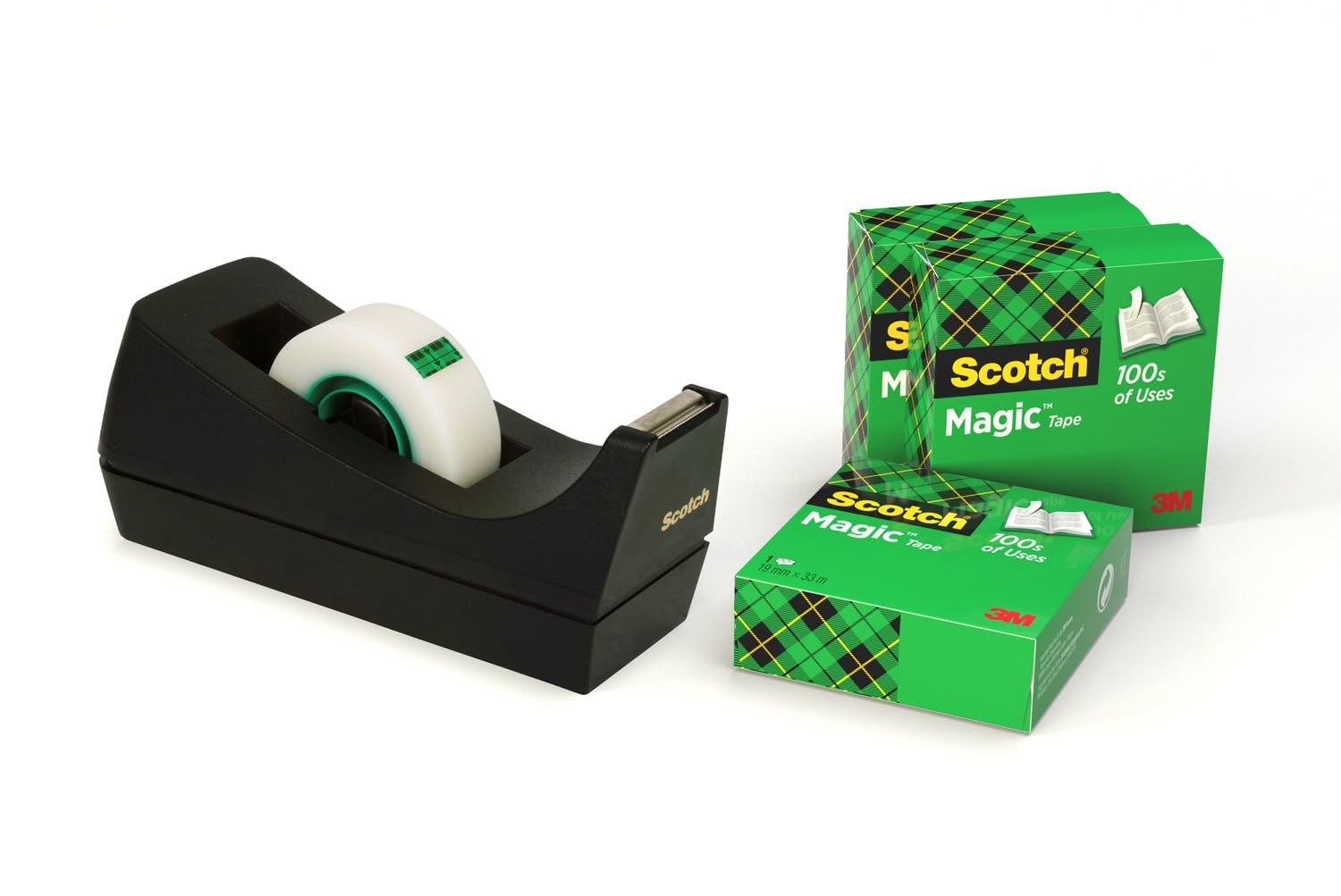 Scotch Desktop Tape Dispenser C38, Black + Scotch MagicTape, 19 mm x 33 m, 3 Rolls -Ideal for School, Home and Office 1