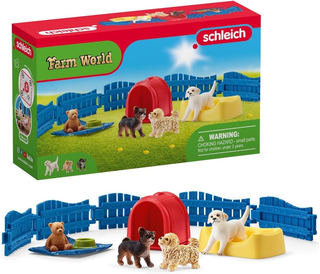 SCHLEICH Farm World Puppy Pen Playset - 13-Piece Animal Playset with 3 Puppies
