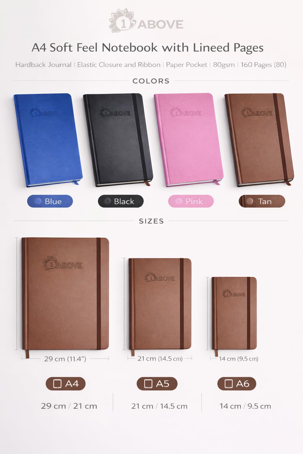 1ABOVE A5 Soft Feel Executive Notebook - Hardback Journal, Tan Color, Elastic Closure 6