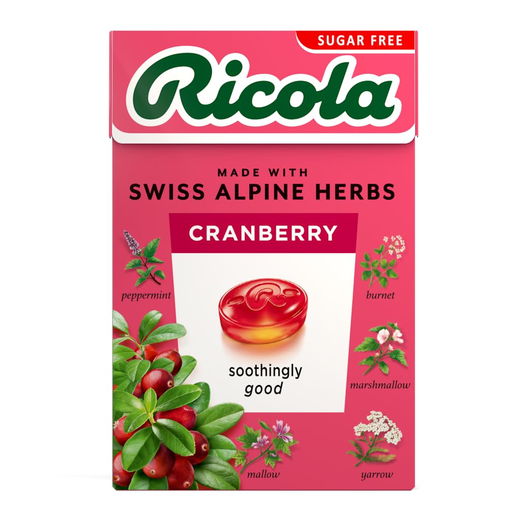 Ricola Cranberry Sugar Free Swiss Herbal Sweets - 45g Box | Sweetened with Stevia