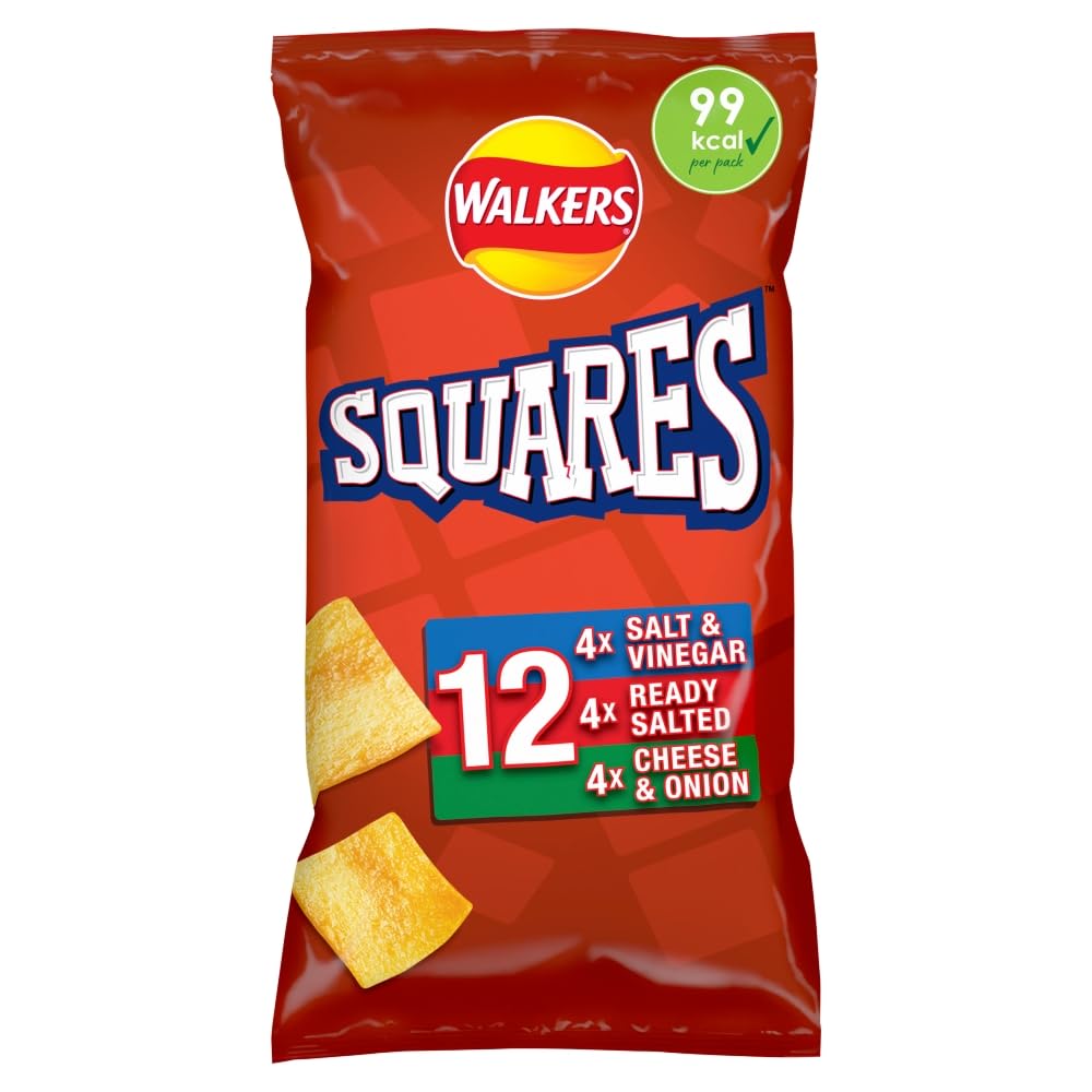 Walkers Squares Potato Snacks Multipack - 12 x 22g Packs | Salt & Vinegar, Ready Salted, Cheese & Onion