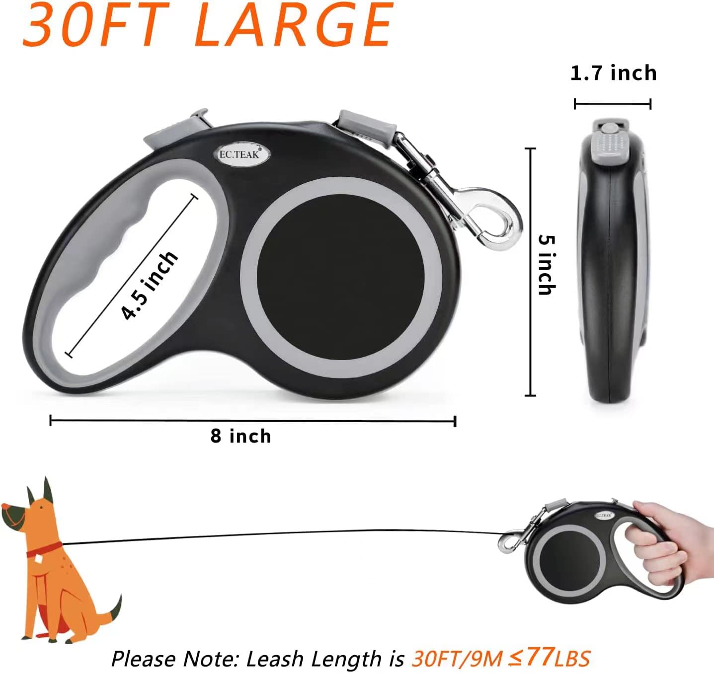 EC.TEAK Retractable Dog Leash - 30 FT for Medium/Large Dogs (Up to 110 lbs) | Black Nylon 3