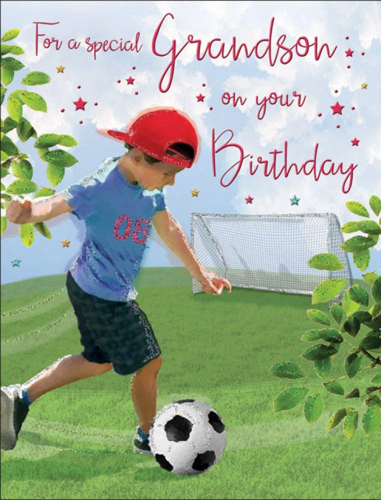 Piccadilly Greetings Grandson Birthday Card | Football Theme | 8 x 6 Inches | Black, Yellow, White, Blue