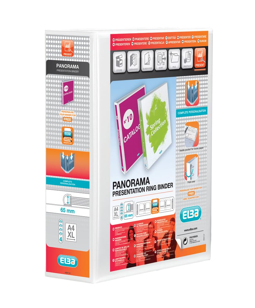 Elba A4+ 4 D-Ring O-Ring Binder - 65mm Capacity, 90mm Spine, White Presentation Folder