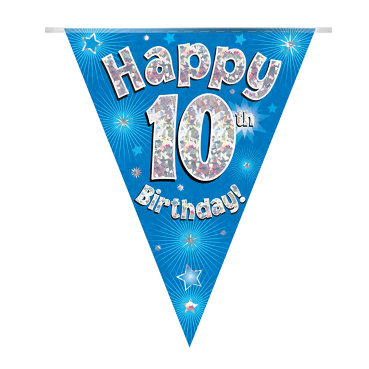 Happy 10th Birthday Party Bunting - Blue Holographic 11 Flags, 3.9m 3