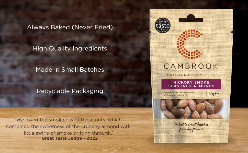 Cambrook Hickory Smoke Seasoned Almonds - Baked Not Fried | 80g Bag | Gluten Free