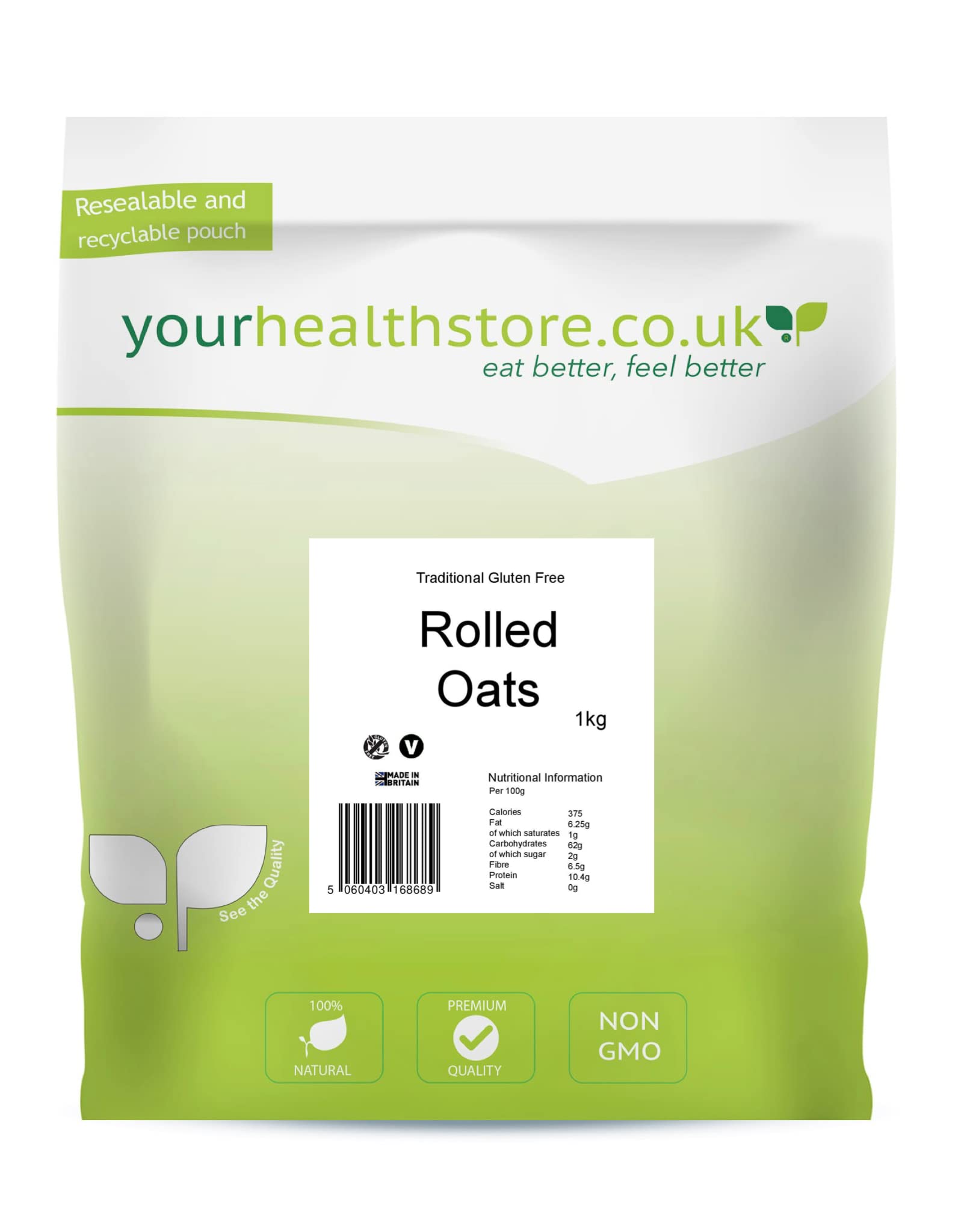 yourhealthstore Traditional Rolled Oats - 1kg Pure Whole Grain | Gluten Free, British Oats