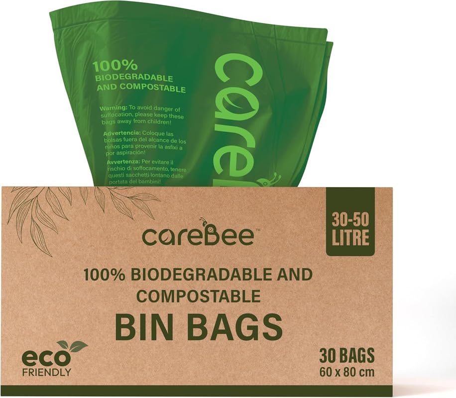 CareBee 50L Biodegradable Kitchen Bin Bags - 100% Compostable, Tear Resistant (30 Bags) 1