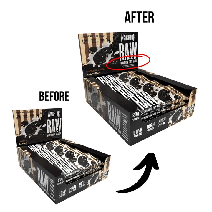 Warrior Raw Protein Bars - 12 x 75g Cookies & Cream High Protein Oat Flapjacks - Low Sugar, High Fibre - UK Made