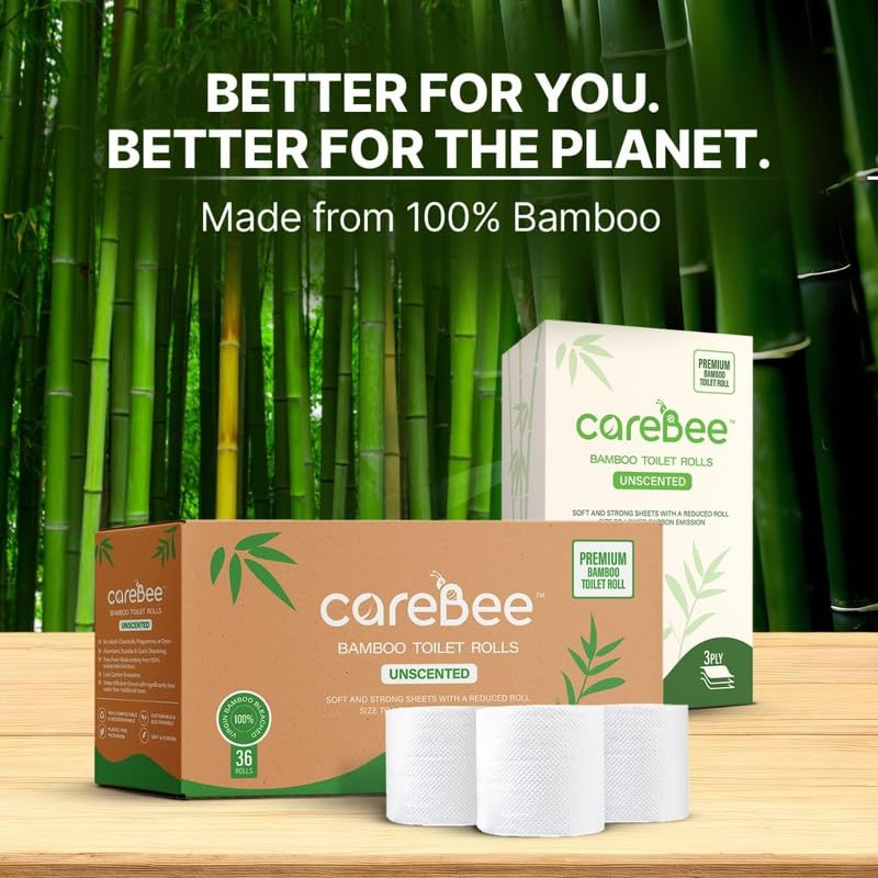 CareBee Bamboo Toilet Rolls - Unscented 3-Ply | 6 Rolls, 1200 Sheets Total 6