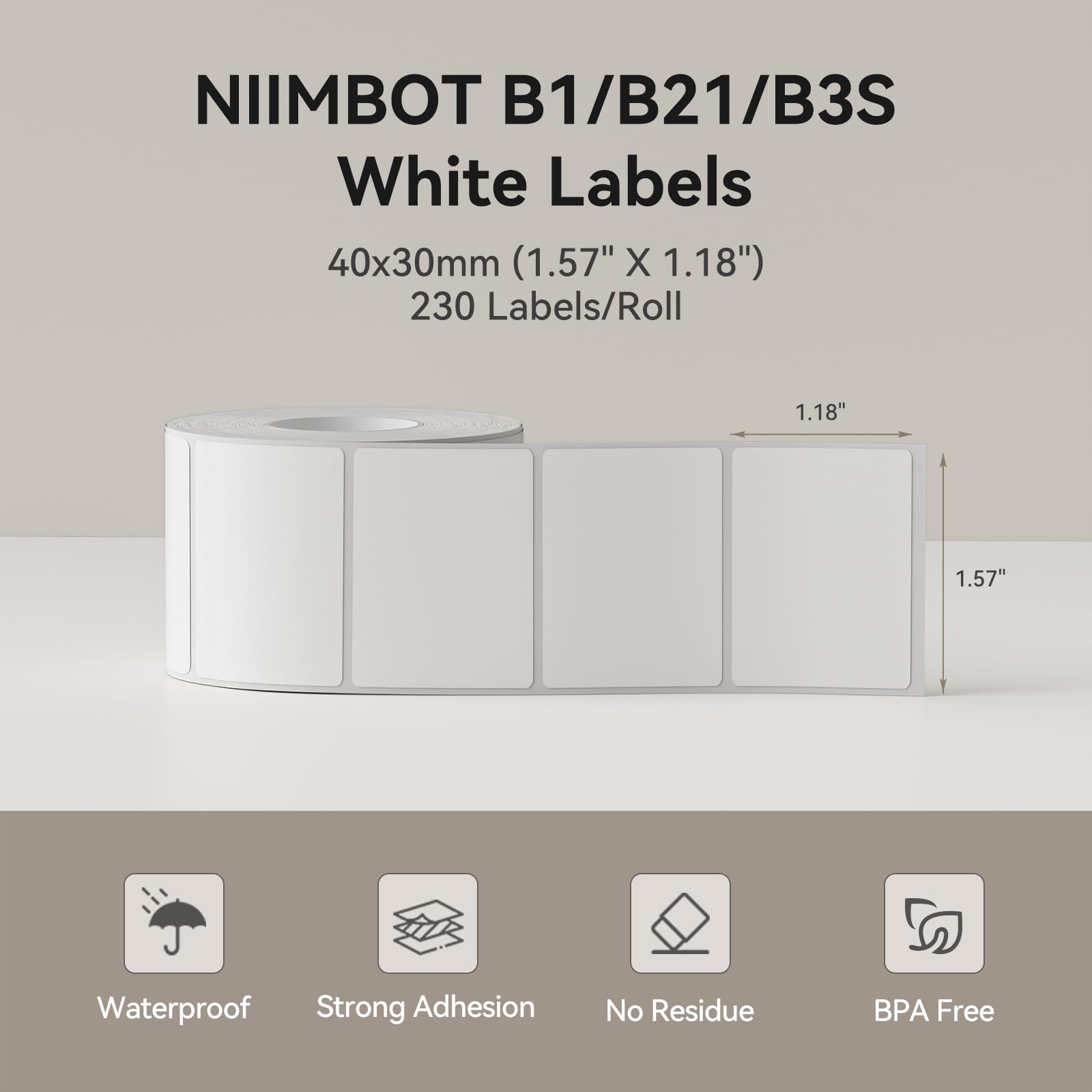 NIIMBOT Thermal Label Tape for B21/B1/B3S Printers | 40x30mm | 230 Labels/Roll | Waterproof & Oilproof