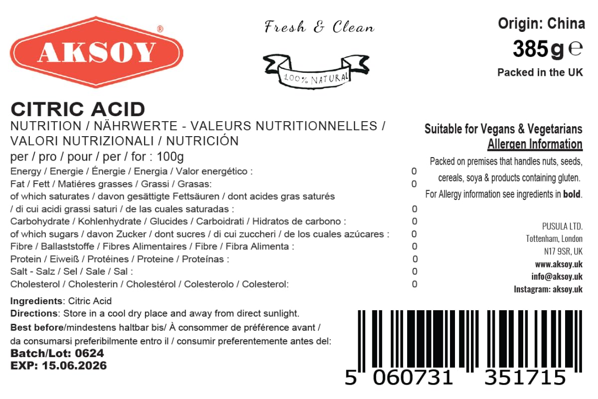 AKSOY Food Grade Citric Acid Descaler - Non-GMO, Anhydrous Granule, Lemon Scent | 385g 6