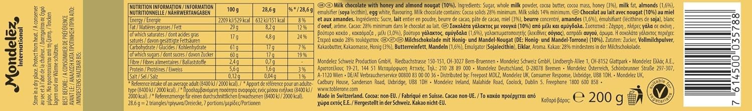 Toblerone Milk Chocolate Bar with Honey & Almond Nougat - 200g Gift Bar