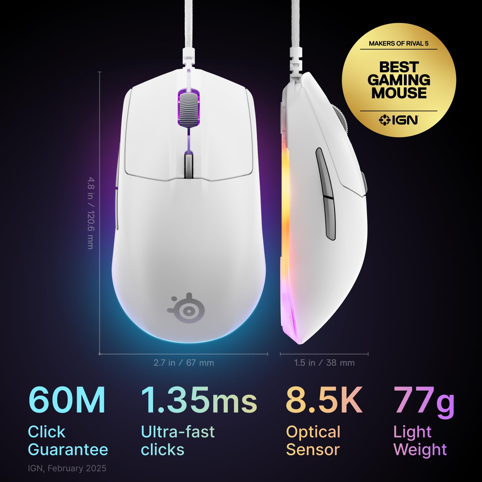 SteelSeries Rival 3 Gen 2 Gaming Mouse - 8500 DPI TrueMove Core Optical Sensor, 1.35ms Click Latency, RGB Lighting 3