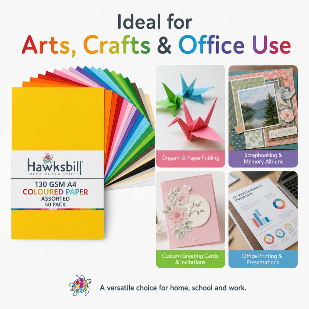 Hawksbill A4 Coloured Paper - 130GSM Premium Quality | 50 Assorted Rainbow Sheets | Ideal for Arts & Crafts 4