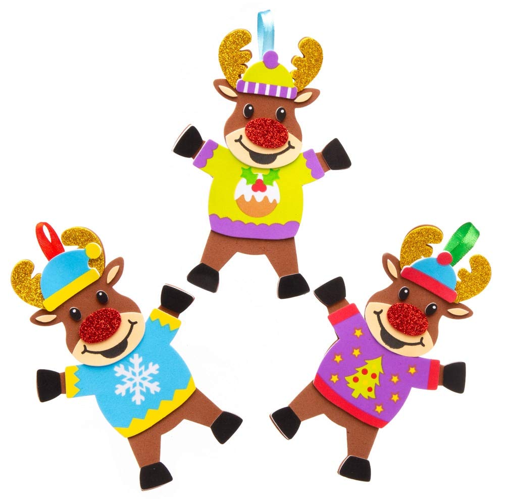 Baker Ross Reindeer Christmas Sweater Ornament Kits - Pack of 6, Glue-Free DIY Craft for Kids