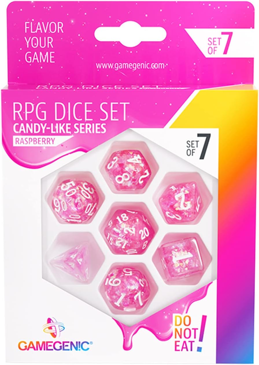 Gamegenic Candy-Like Series Raspberry Glitter RPG Dice Set – 7-Piece Polyhedral Dice for Roleplaying Games 1