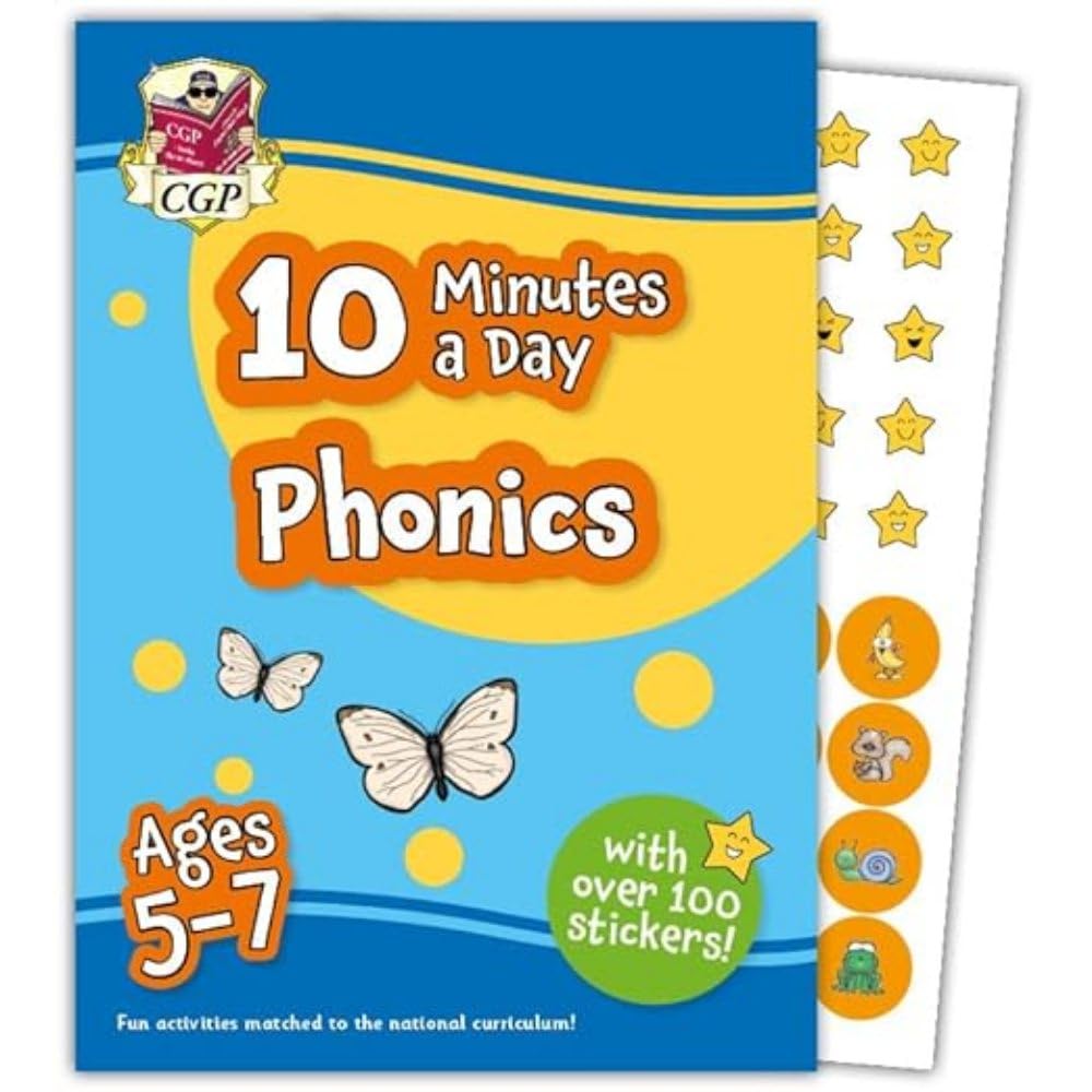 CGP 10 Minutes a Day Phonics for Ages 5-7 Study Aid Paperback with Reward Stickers