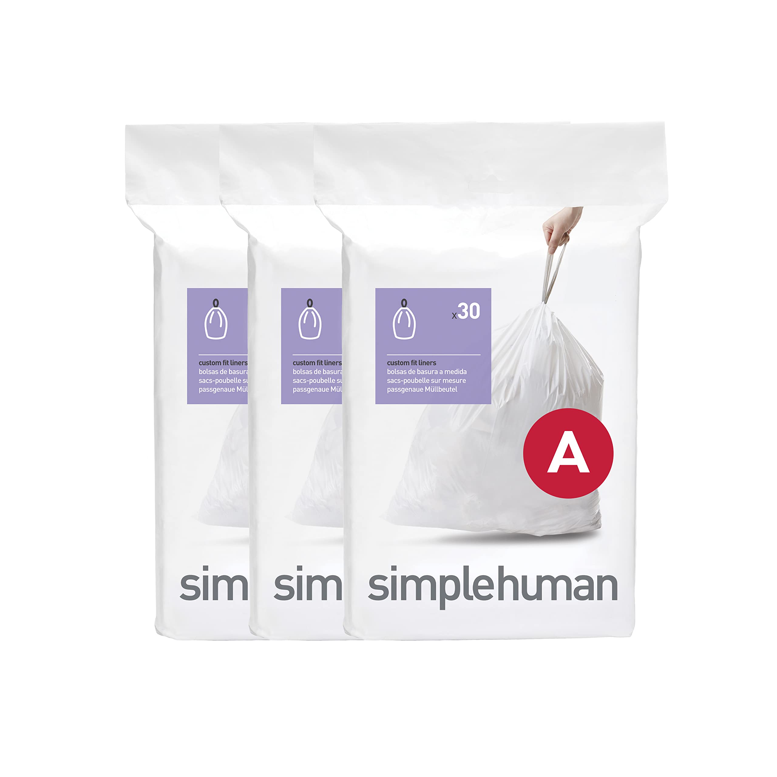 simplehuman CW0250 Code A Custom Fit Bin Liner - 4.5L Capacity, Unscented, White Plastic | 90 Count (3 x 30 Pack)