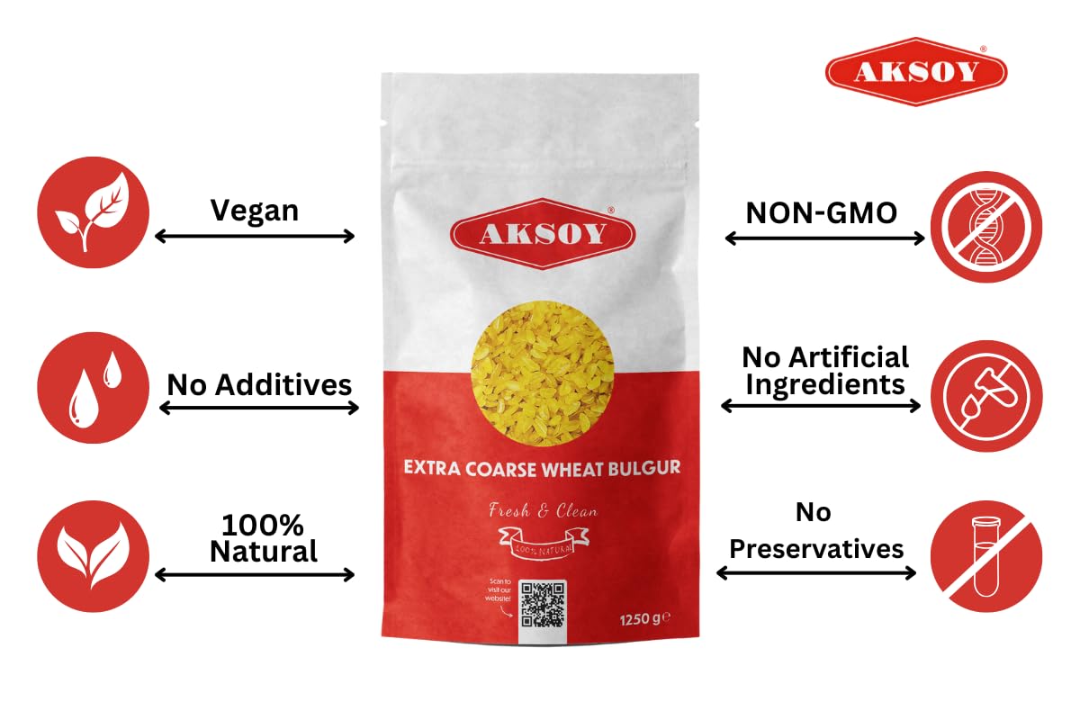 AKSOY Extra Coarse Wheat Bulgur - 1.25KG | Resealable Pouch | Vegan Friendly 8