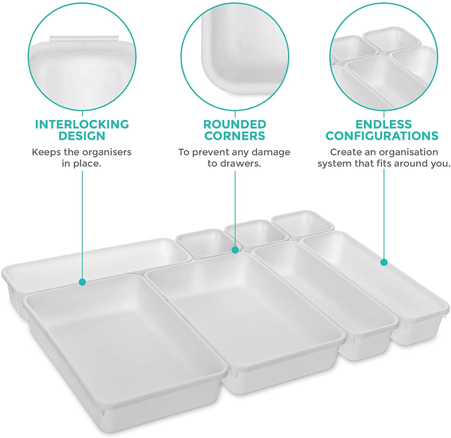 Addis Interlocking Drawer Organiser Trays Set - 8 Piece, White Plastic | Customizable Fit 7