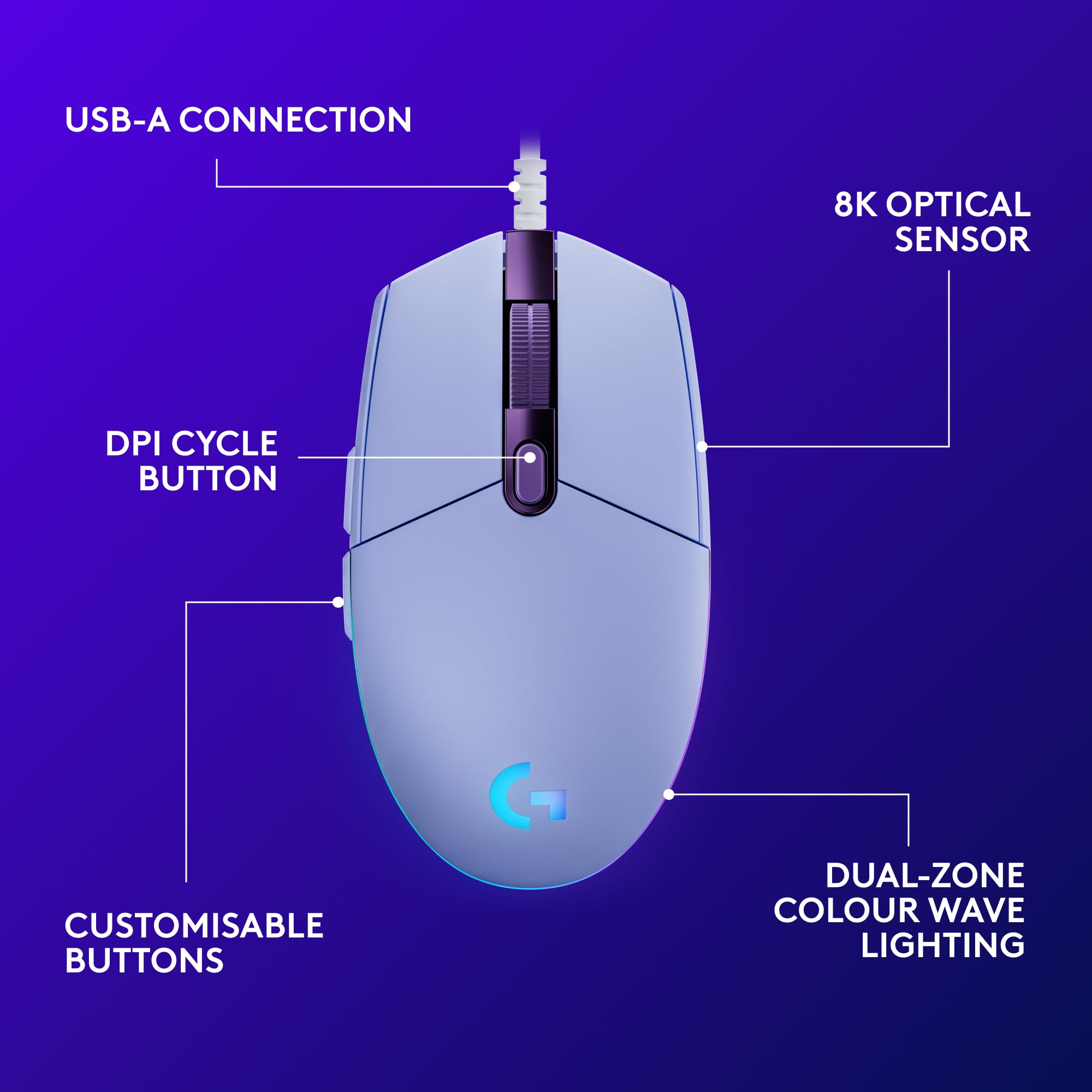 Logitech G203 LIGHTSYNC Gaming Mouse - 8K DPI, 6 Programmable Buttons, Customizable RGB, Lightweight Design, Lilac