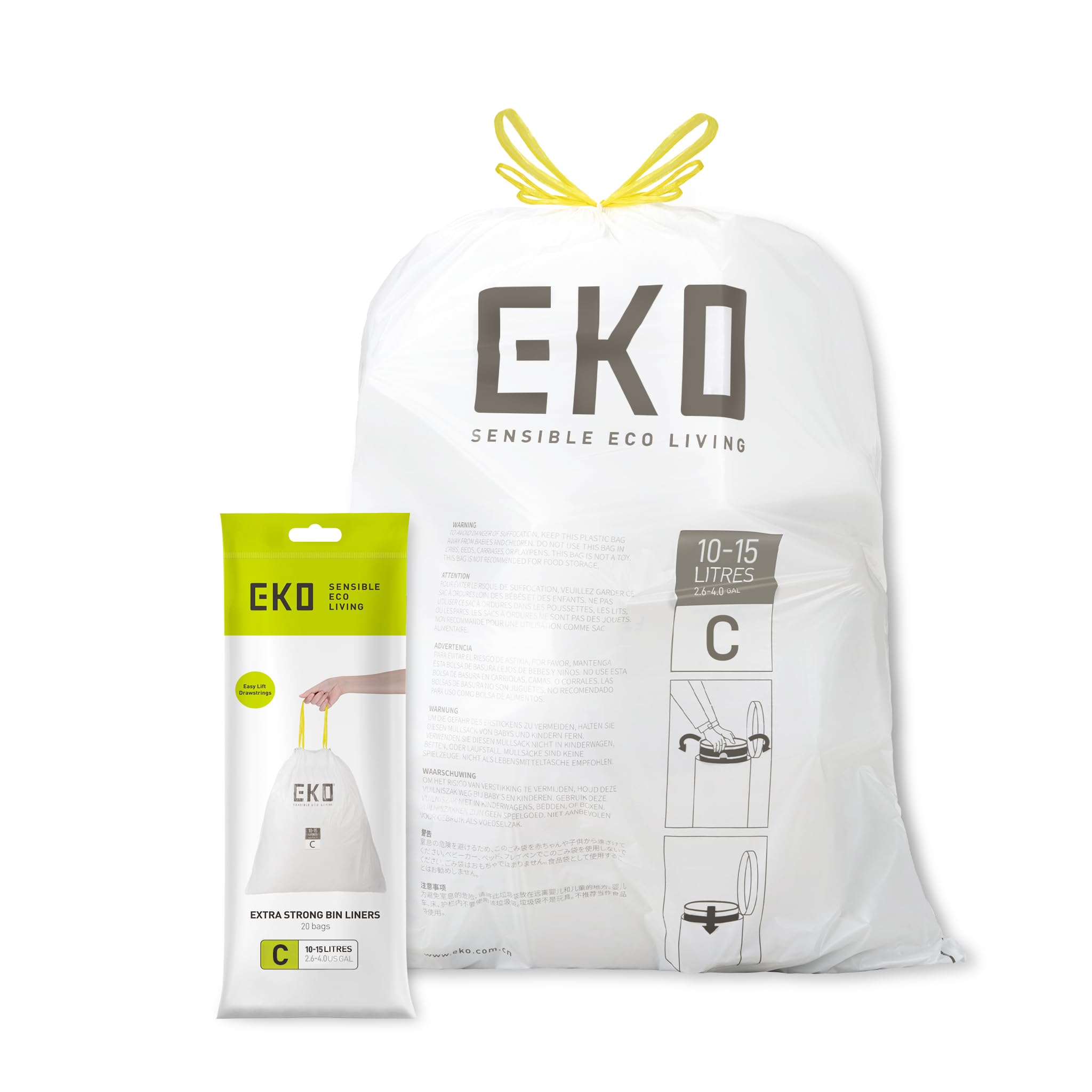 EKO Size C Bin Liners - 10-15 Litre Capacity | Extra Strong Drawstring Bags | 20 Count