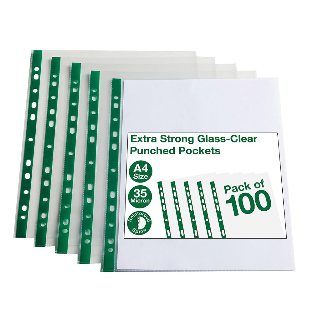 SUMMIT A4 Glass Clear Punched Pockets - Pack of 100 | Tear-Resistant Polypropylene | Universal Multi-Punch