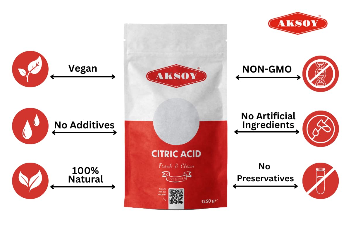 AKSOY Food Grade Citric Acid - Anhydrous Non-GMO De-Scaler | 1.25kg Granule