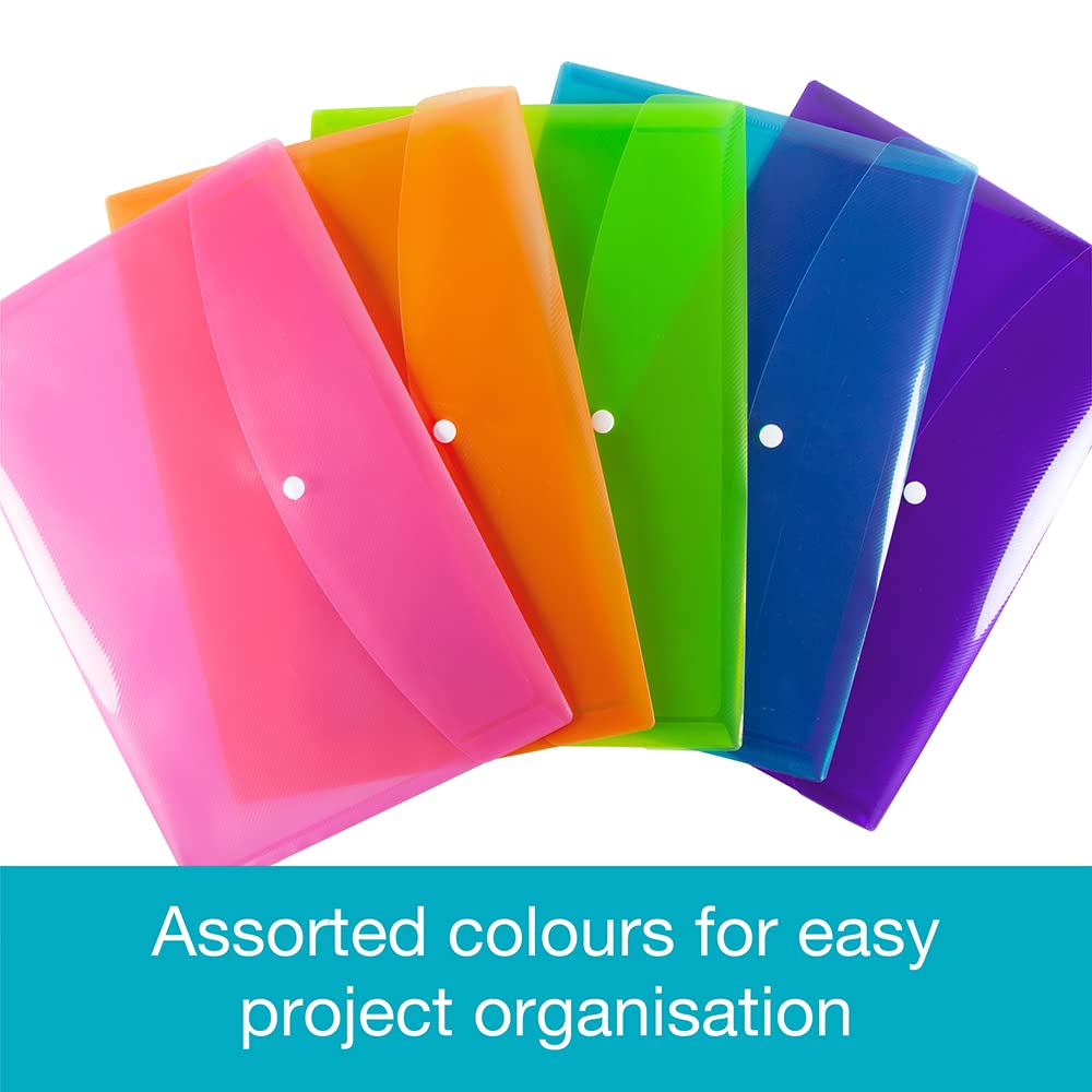 SUMMIT A4+ Plastic Popper Wallets - Assorted Colours Document Folders | Pack of 5 | Heavy Duty Polypropylene 5
