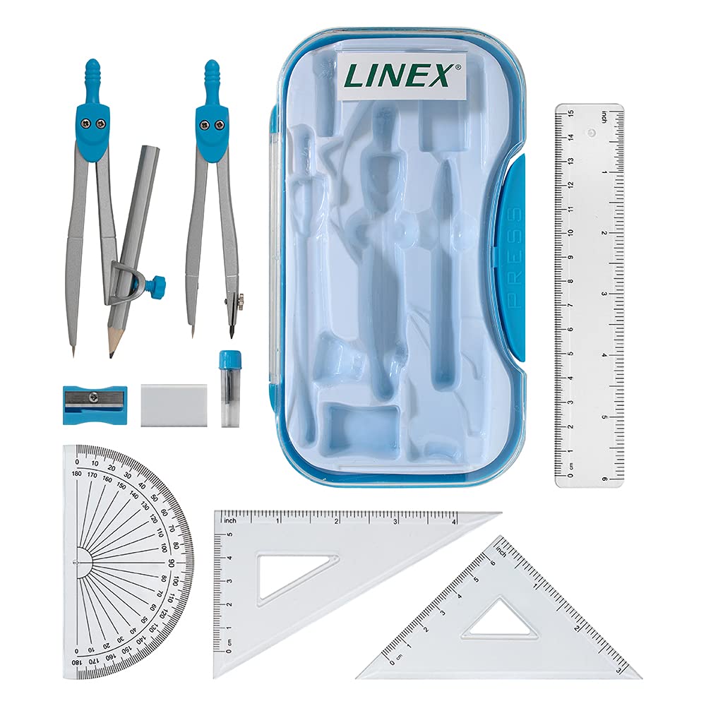 Linex 10-Piece Maths Geometry Set - Complete Exam Kit with Transparent Case, Blue 2