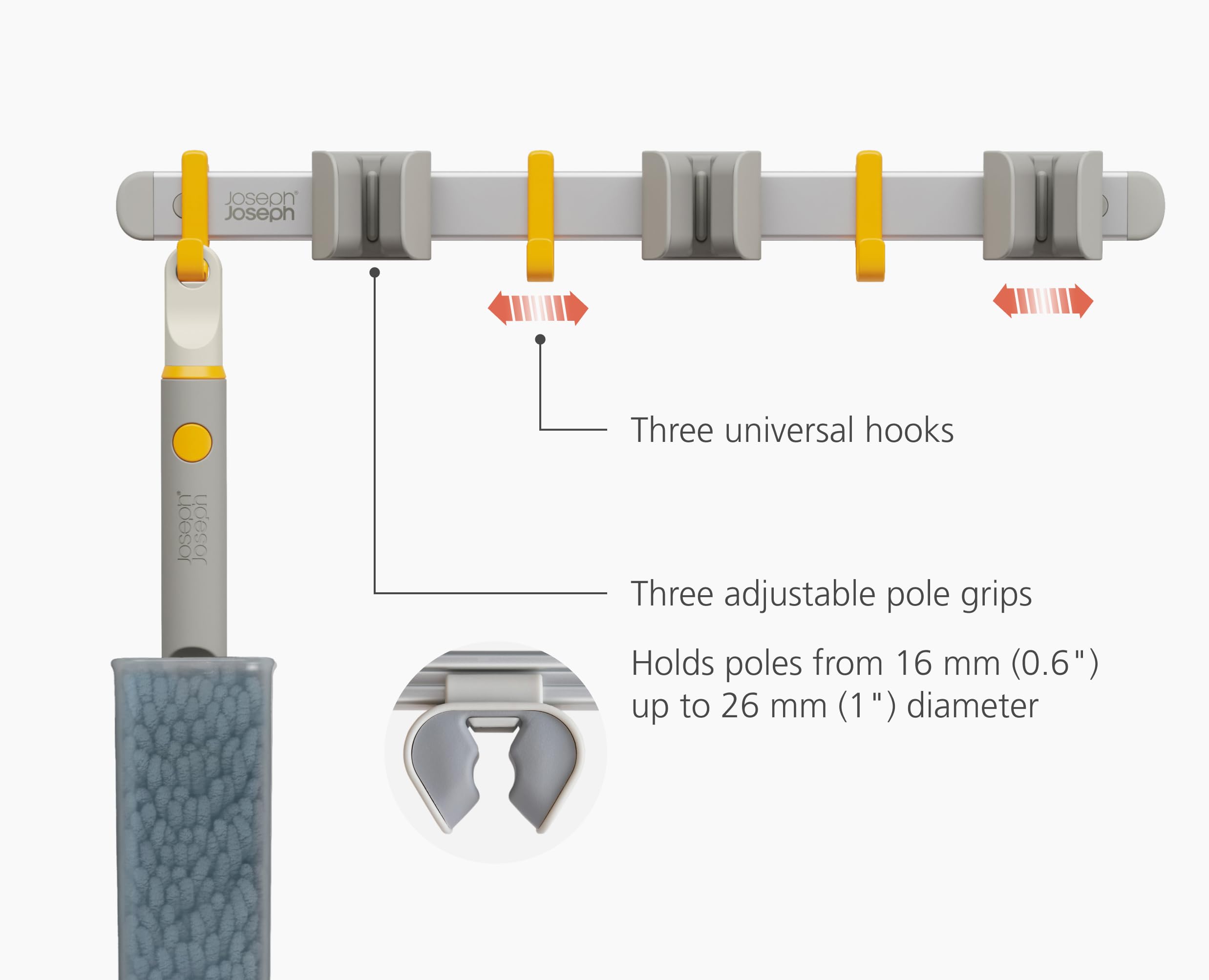 Joseph Joseph CleanTech Utility Tool Storage Rail with 3 Pole Grips & 3 Hooks | Silver-grey Aluminium 5