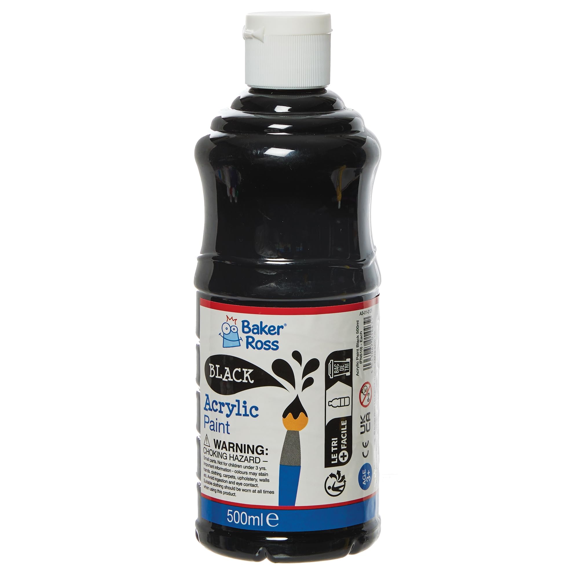 Baker Ross FN510 Black Acrylic Paint 500ml - Water-Based & Washable for Kids' Crafts