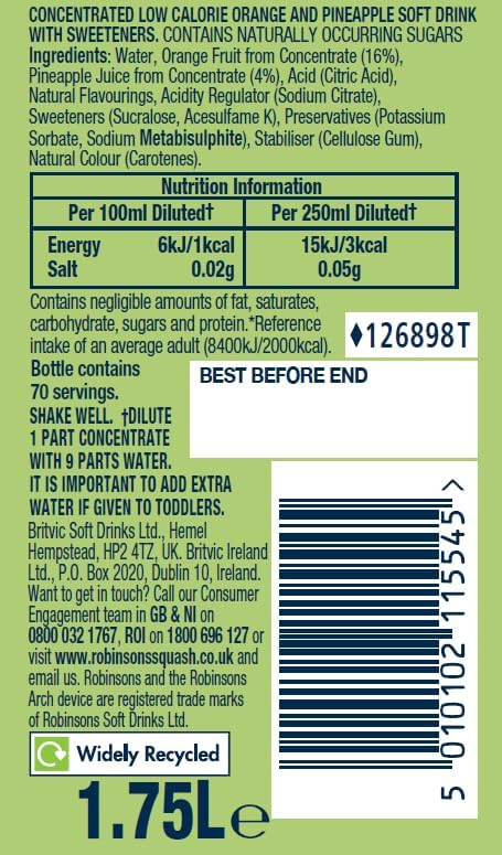 Robinsons Double Strength Orange & Pineapple No Added Sugar Fruit Squash 1.75L