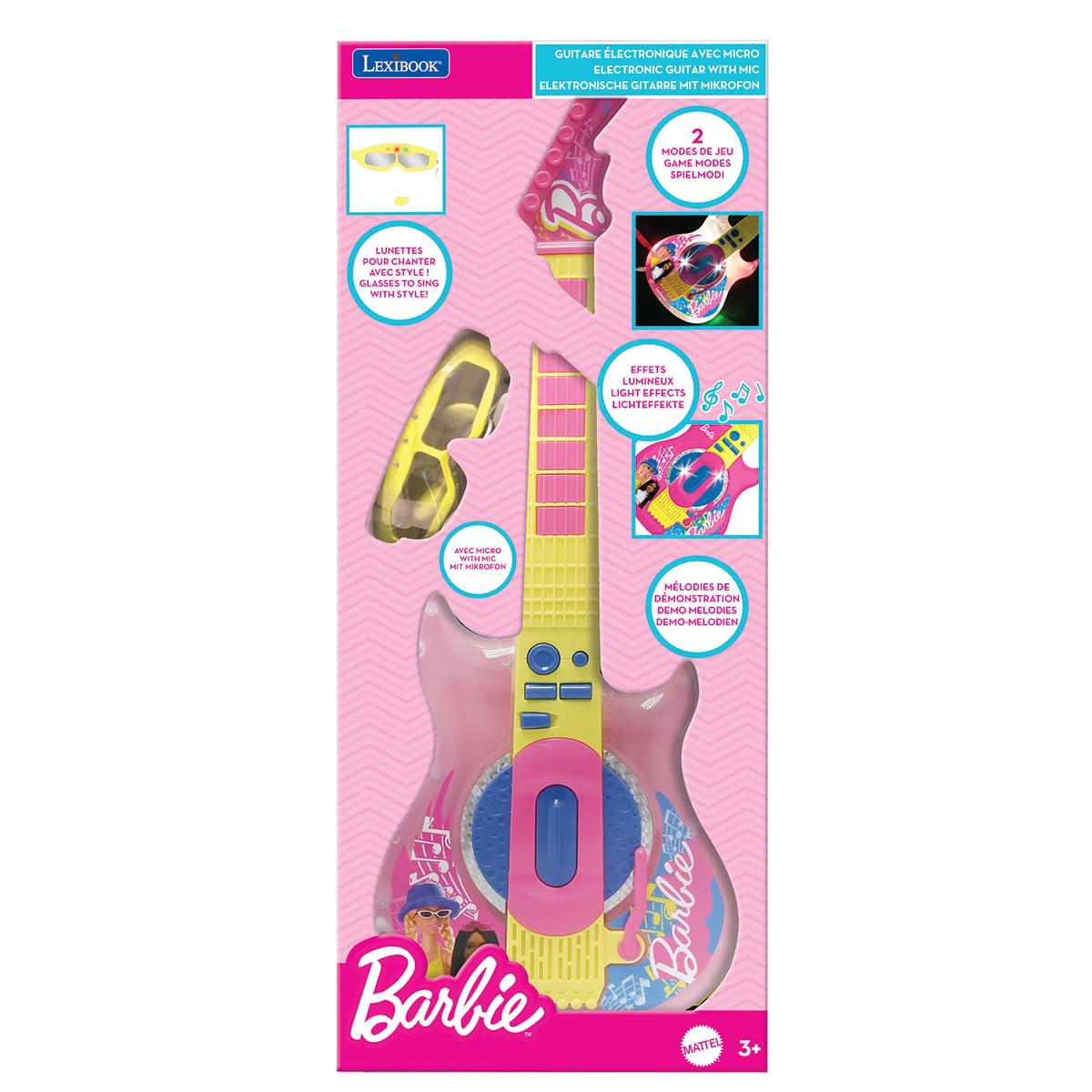 Barbie Electronic Guitar with Microphone & Glasses - 2 Play Modes, Light Effects, Pink/Yellow 4