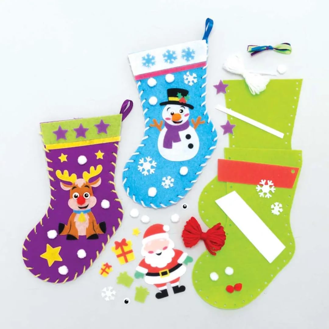 Baker Ross FC147 Christmas Stocking Craft Kits - Pack of 3, Sewing & Decorate for Kids 5