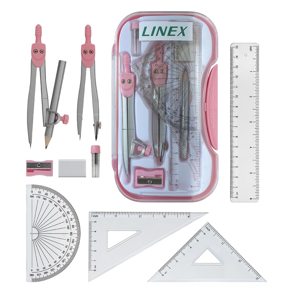 Linex Maths Geometry Set - 10-Piece Exam Kit with Compass, Protractor, Ruler | Pink Case 1
