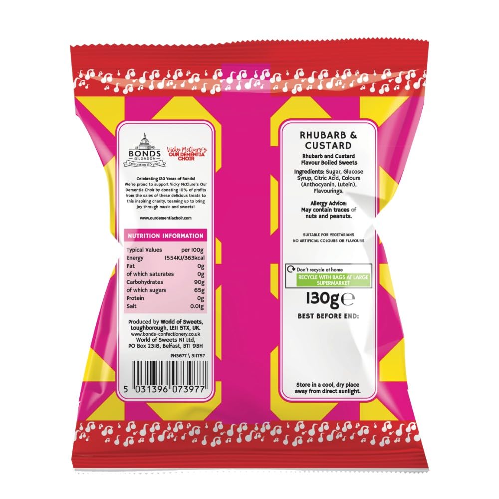 Bonds of London Rhubarb & Custard Boiled Sweets, Retro Gift Bags, Vegetarian Friendly, 130g (Pack of 12) 9