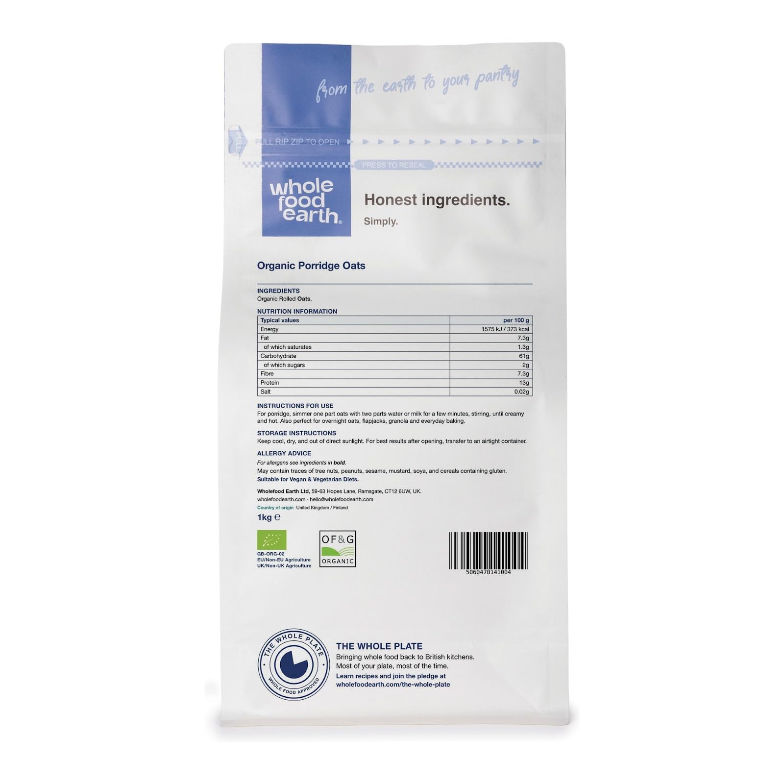 Wholefood Earth Organic Porridge Oats - 1 kg | High Fibre | Vegan 7