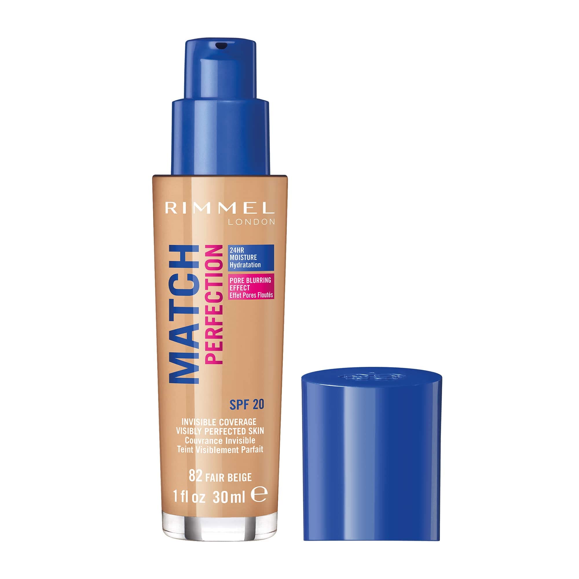 Rimmel Match Perfection Foundation - Liquid Foundation for Fair Beige 082, Medium Coverage, 24hr Hydration, SPF20, Cruelty Free