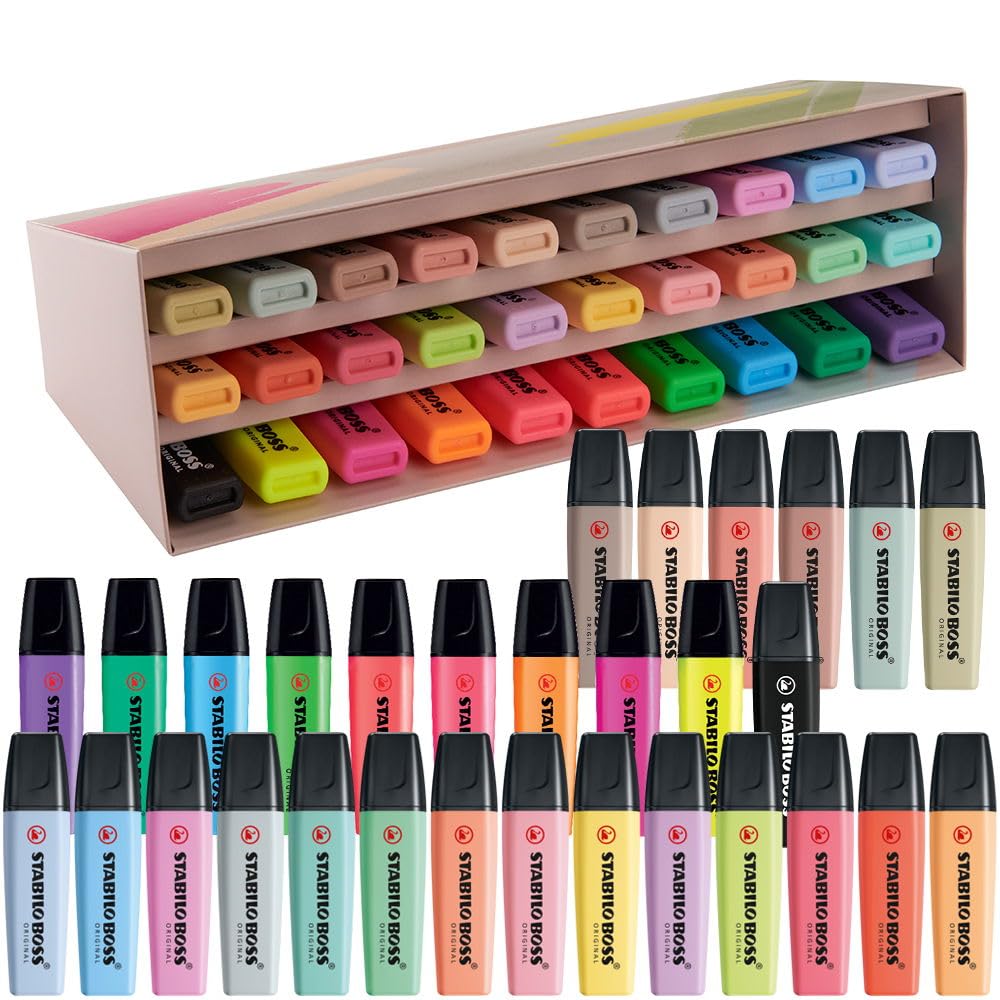 STABILO BOSS ORIGINAL Highlighter - Deskset of 30 with 9 Neon Colours | 2mm & 5mm Line Widths