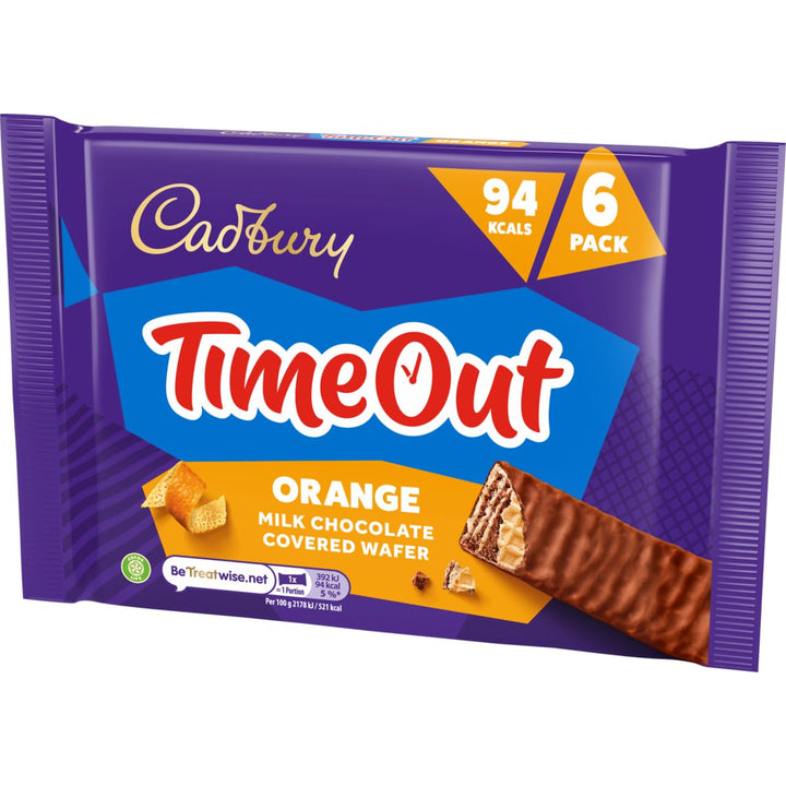 Cadbury Timeout Orange Milk Chocolate Covered Wafer Bars, 6-Pack Crispy Wafers with Zesty Orange Flavour