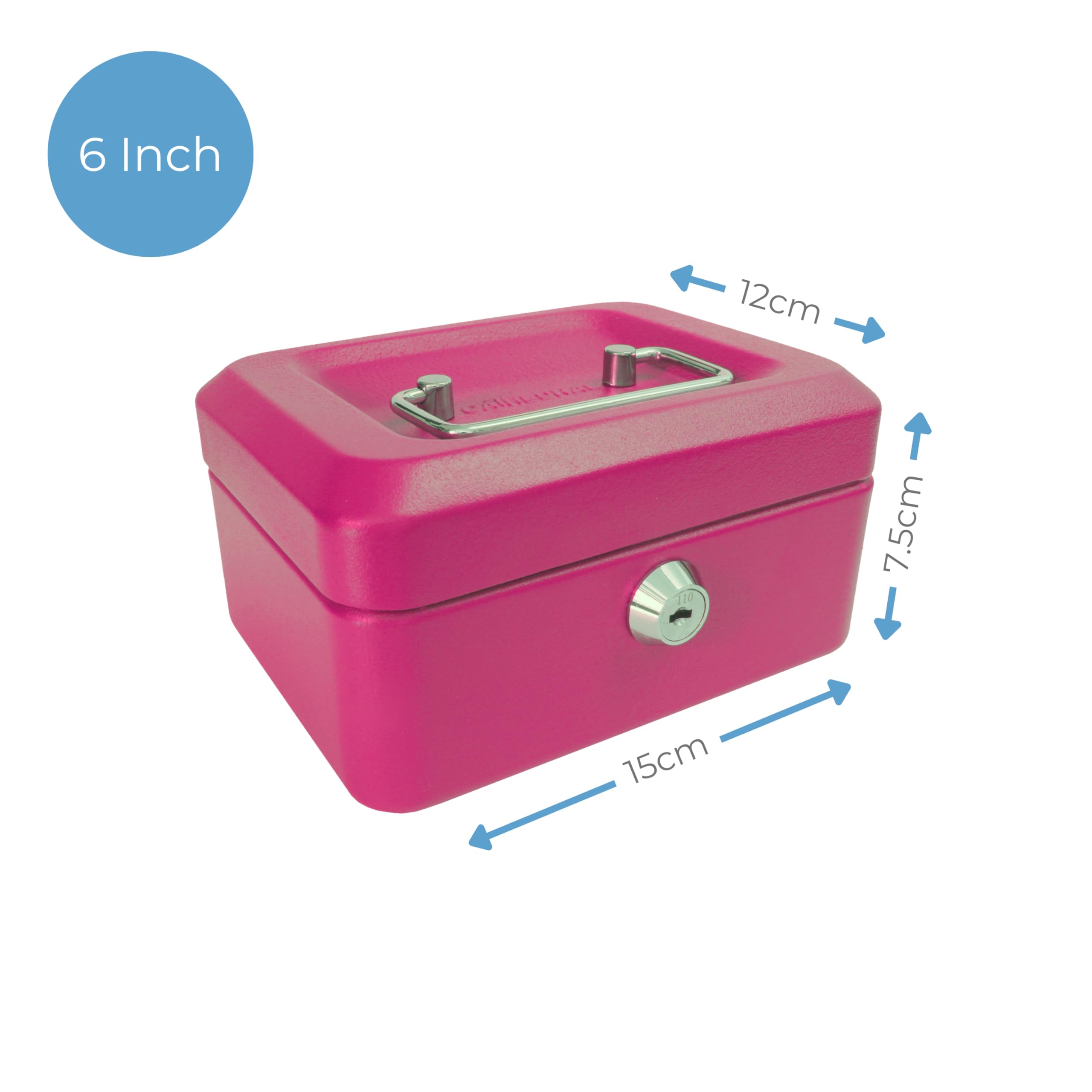 Cathedral Products Key Lockable Cash Box with 6 Compartment Coin Tray - 6 Inch - Pink