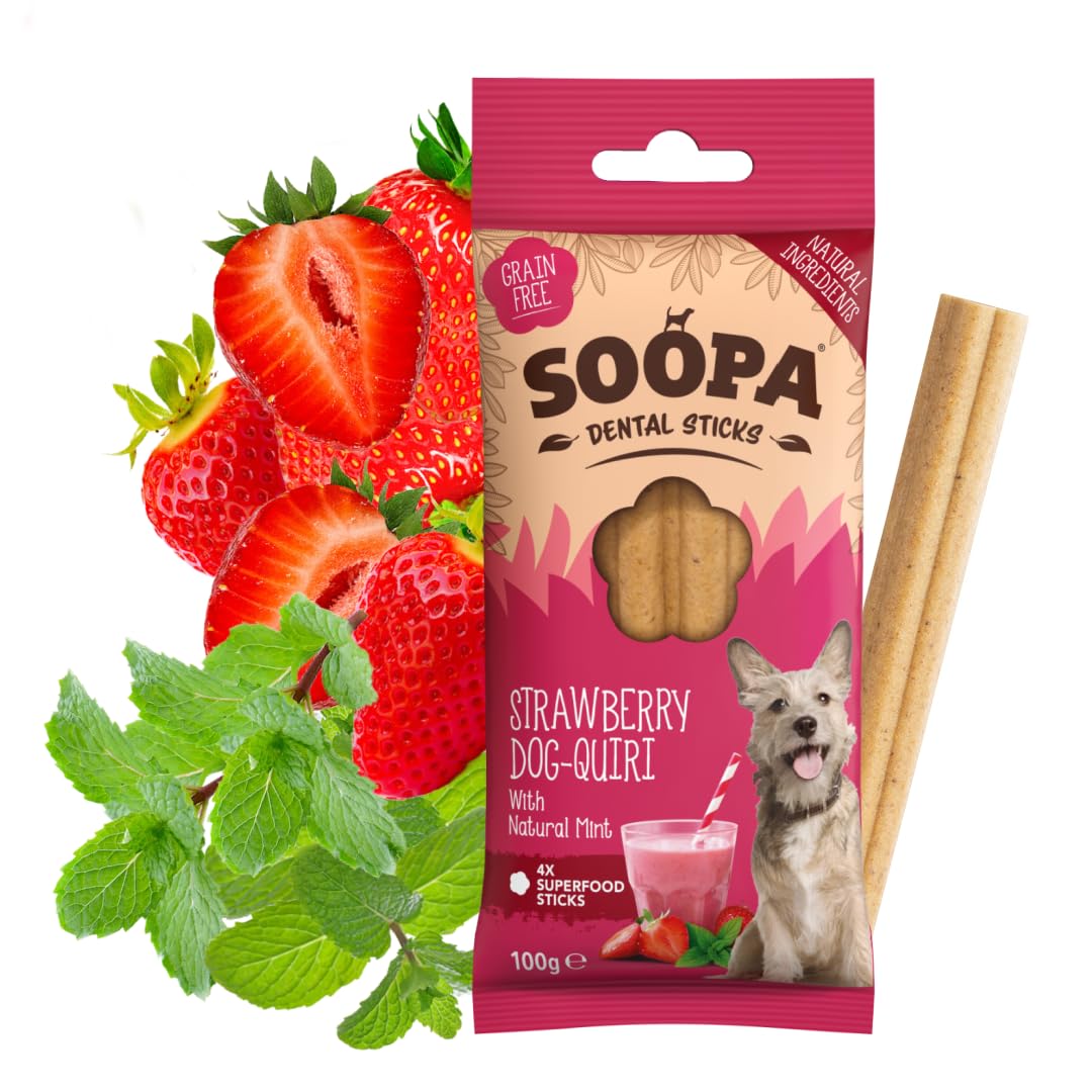 Soopa Strawberry Dog-Quiri Dental Sticks - 100g | Hypoallergenic | Adult Dogs
