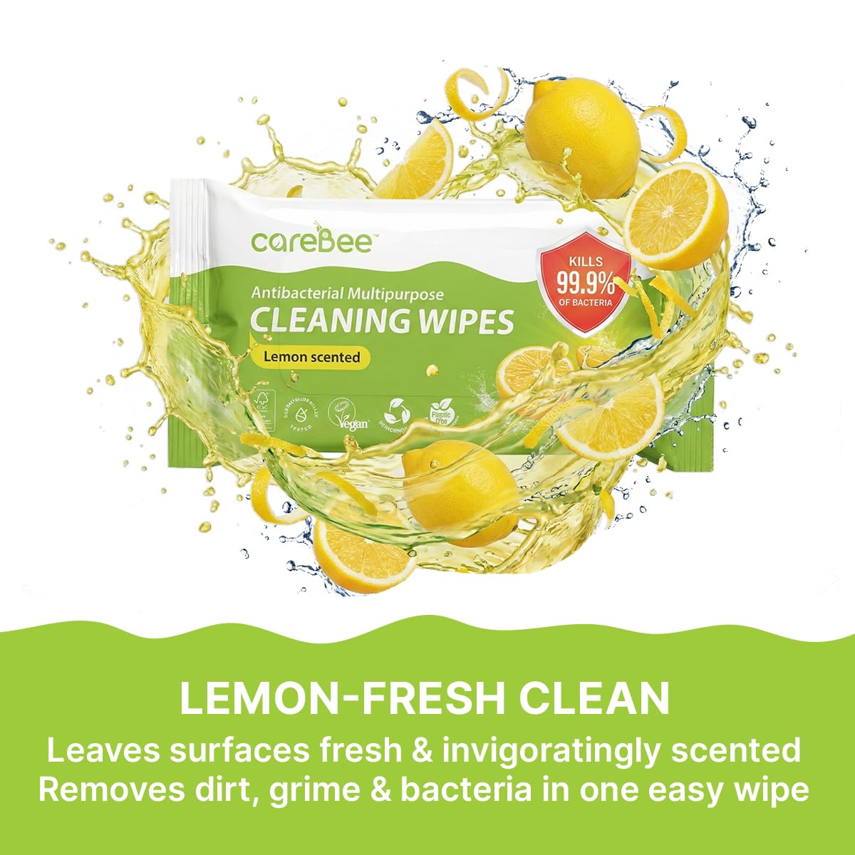 CareBee Plastic-Free Antibacterial Surface Wipes - Plant-Based, Biodegradable, Lemon Scent | Pack of 6 5
