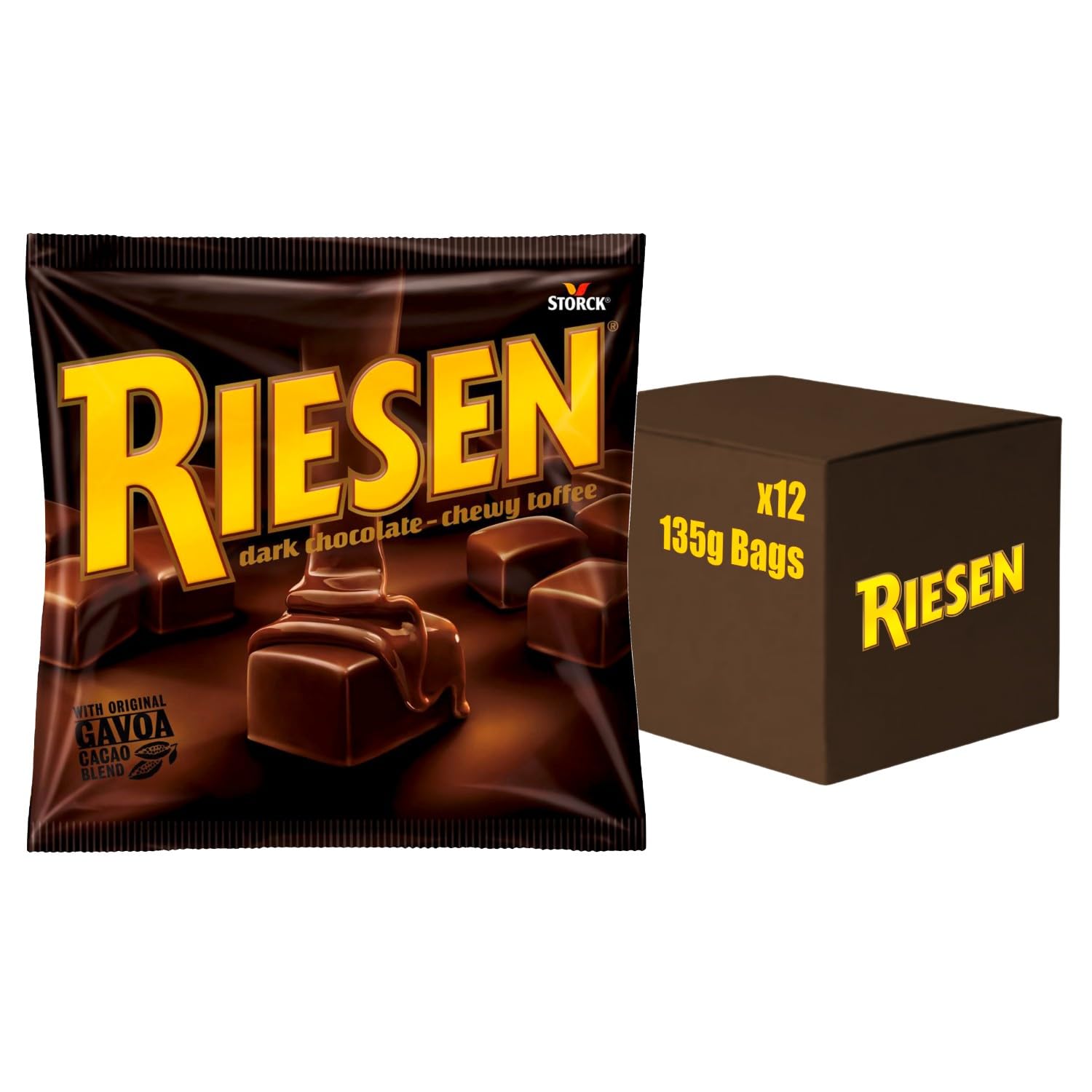 Riesen Dark Chocolate Covered Chewy Toffees - 135g Pack of 12 | Rich Caramel Center