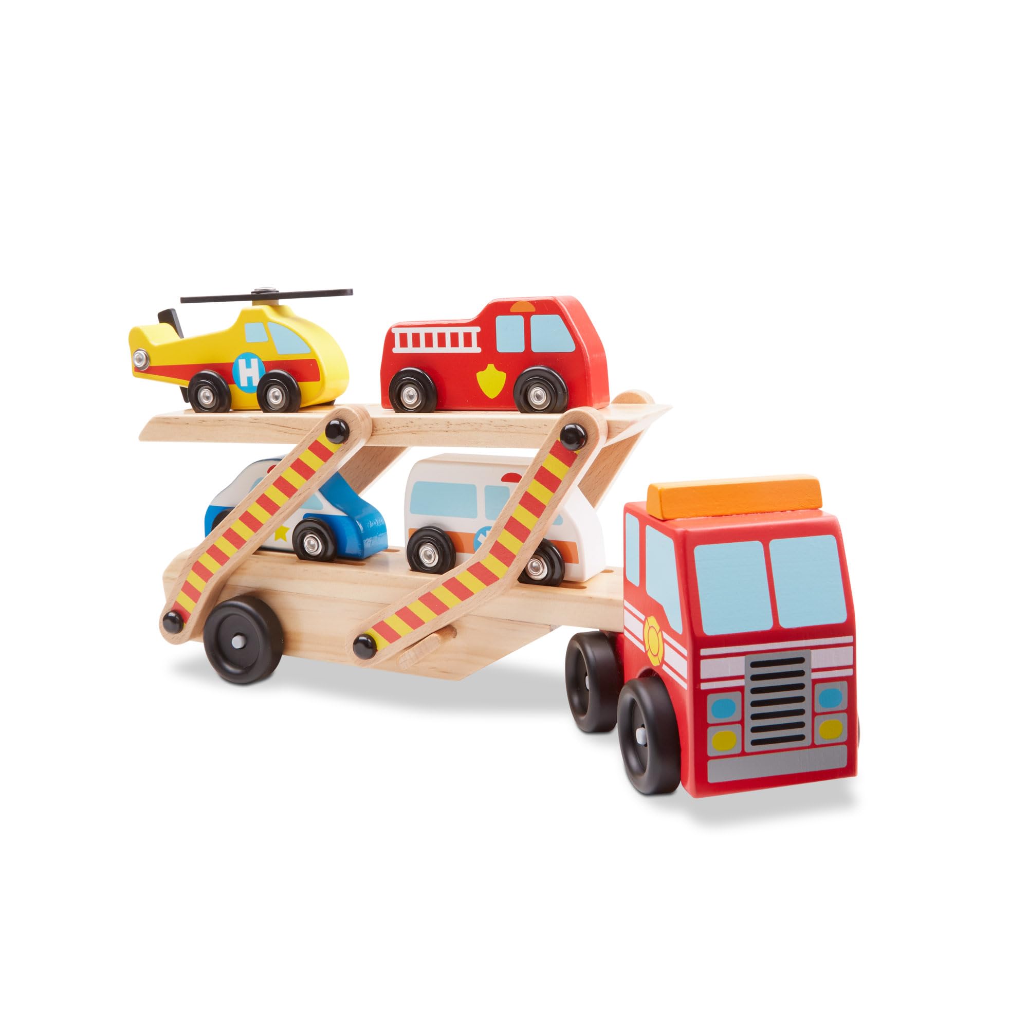 Melissa & Doug Wooden Emergency Vehicle Carrier Toy with 4 Magnetic Vehicles | Ages 3+