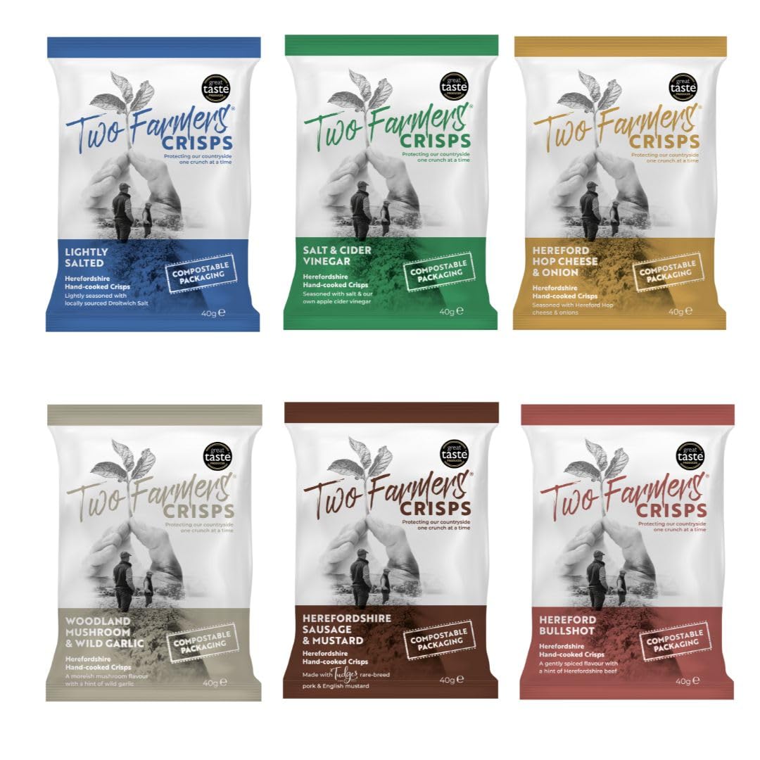 Two Farmers Mixed Selection Crisps Box - Lightly Salted, Salt & Cider Vinegar, Herefordshire Hop Cheese & Onion, Hereford Bullshot, Sausage & Mustard, Woodland Mushroom & Wild Garlic