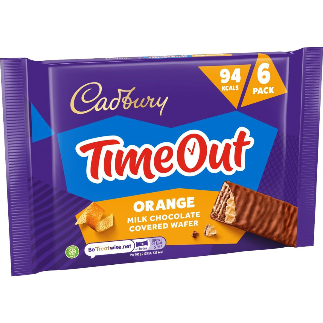 Cadbury Timeout Orange Milk Chocolate Covered Wafer Bars, 6-Pack Crispy Wafers with Zesty Orange Flavour