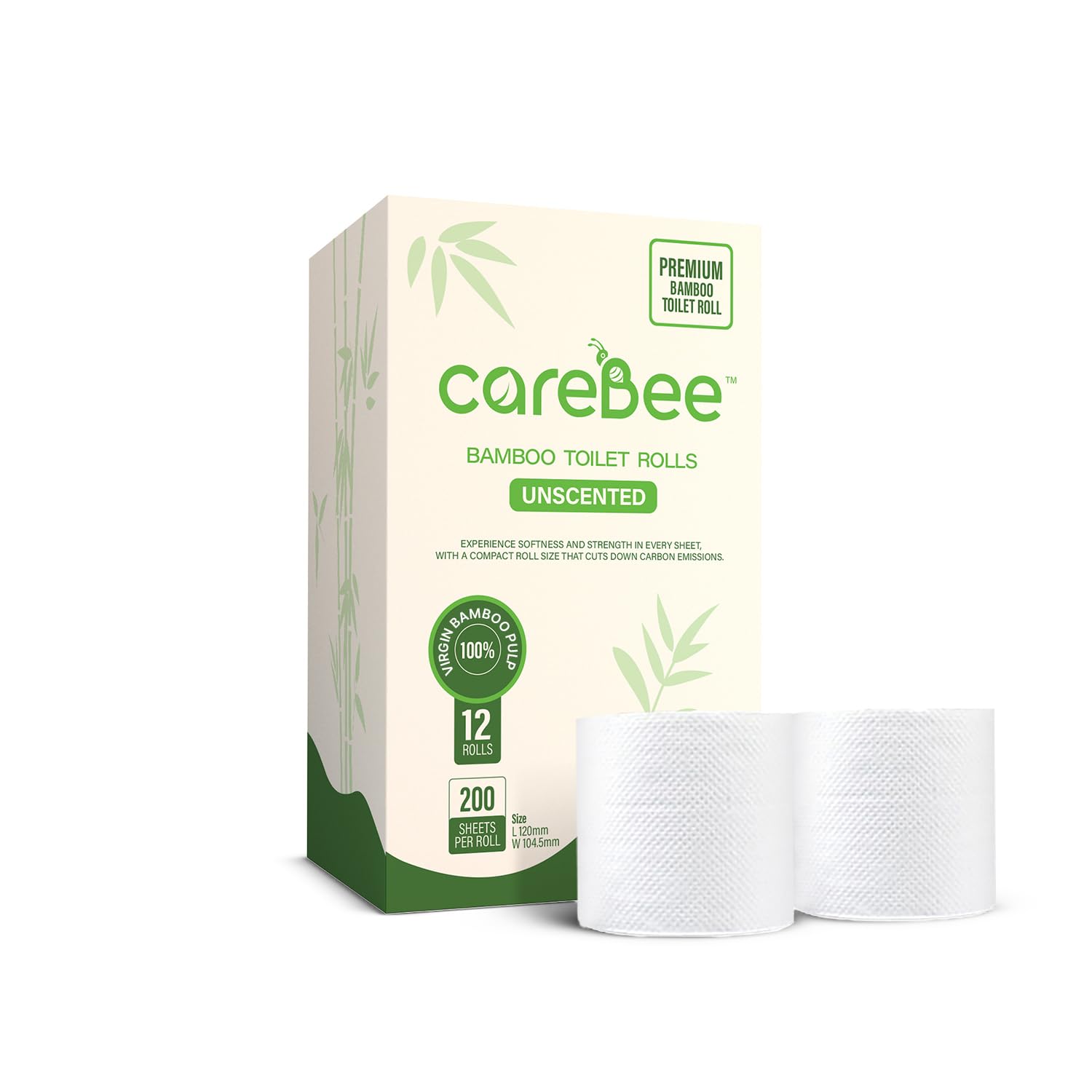 CareBee Bamboo Toilet Rolls - 3-Ply, Unscented, 12 Rolls | Plastic-Free Packaging 1